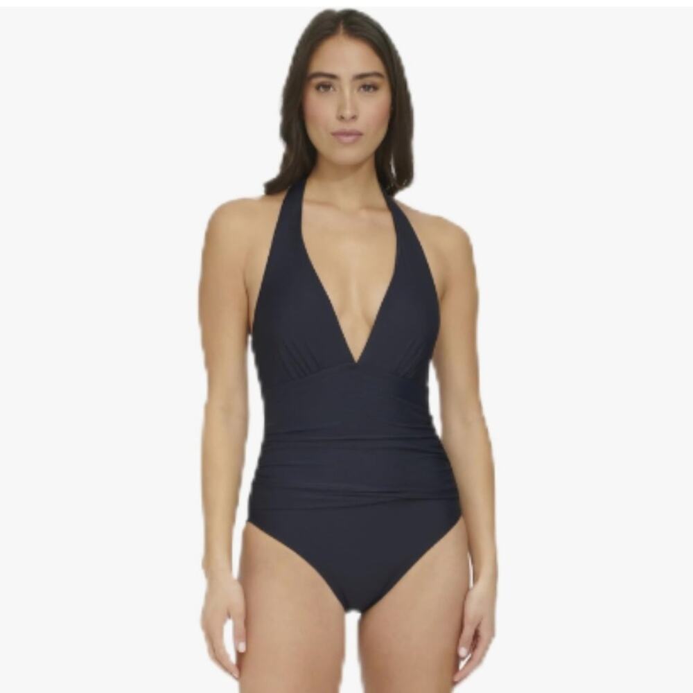 Tommy Hilfiger Halter Plunge Neck One Piece swimsuit navy blue NEW - 16